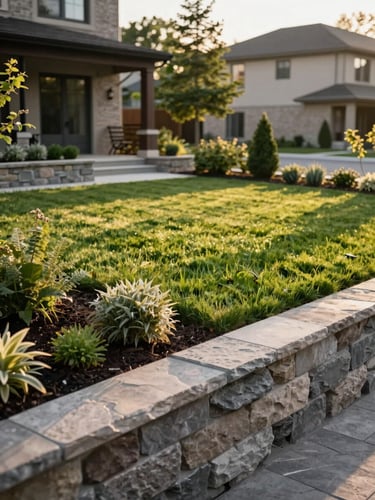 Wide shot of completed luxury residential landscaping project, Montreal suburb, manicured lawn with stone retaining wall and planted borders, golden hour natural light, no people