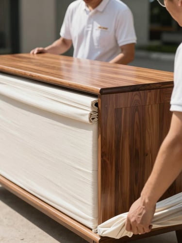 Close-up shot of professional movers in clean uniforms wrapping a polished wooden cabinet with thick protective layers, bright natural daylight, sharp focus, 35mm