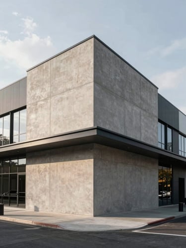 Symmetrical wide-angle exterior of a modern concrete and steel commercial building facade, sharp late-afternoon architectural shadows, clean lines, overcast sky.