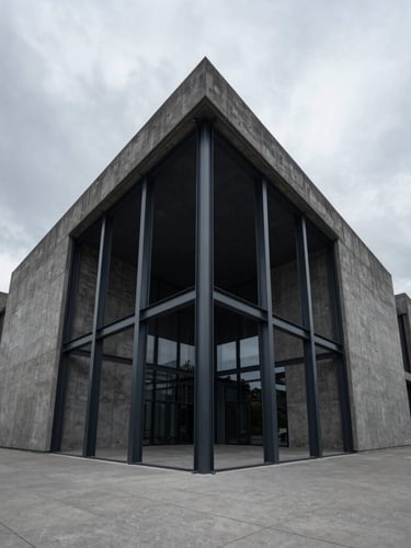 Symmetrical wide-angle exterior shot of a modern dark concrete and steel corporate pavilion under overcast gray sky, clean lines, architectural geometry.