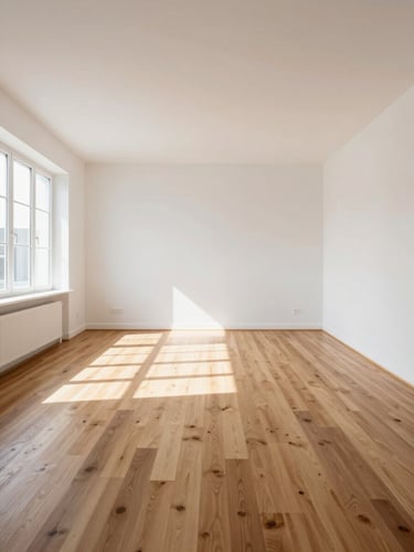 A straight-on architectural shot of a bright, immaculate modern living room, sunlight streaming onto polished timber floors, pristine white surfaces, zero clutter.