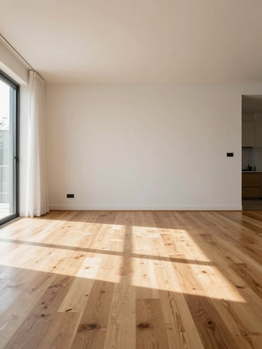 A bright, sunlit modern living room with immaculate hardwood floors, crisp linen, and clean architectural lines, captured straight-on.