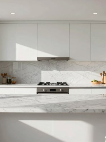 A bright, airy modern residential kitchen with immaculate white marble countertops and spotless glass fixtures, flooded with natural midday sun, straight-on architectural crop.
