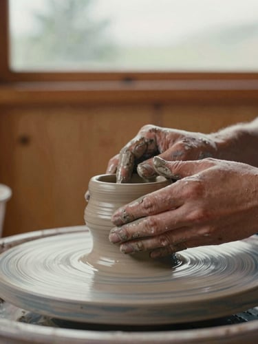Candid close-up of hands-on pottery workshop in a warm cedar-walled studio, natural soft daylight from an overcast sky, clay-covered fingers shaping a vessel, 35mm film texture