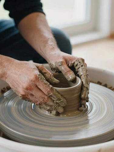 Close-up documentary shot of hands molding wet clay on a pottery wheel, soft natural light from a nearby window, earthy cedar tones, focused and tactile.