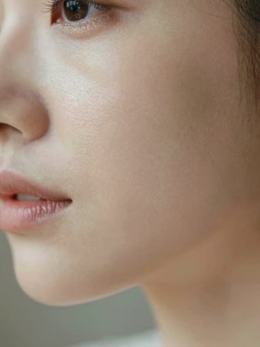 Macro portrait of real skin texture under diffused natural light, soft focus on a bride's luminous cheekbone, elegant and clean composition.