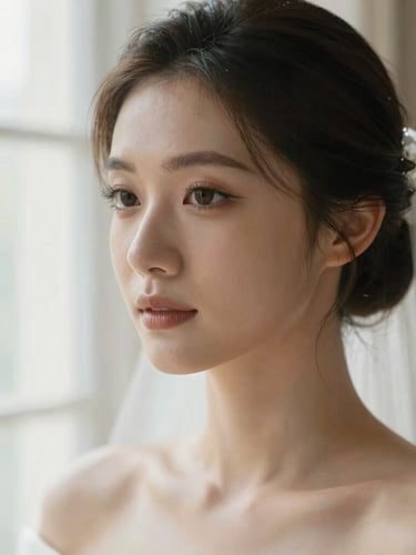 Close-up portrait of a bride in soft morning window light, flawless luminous skin texture visible, elegant styling, soft focus background.
