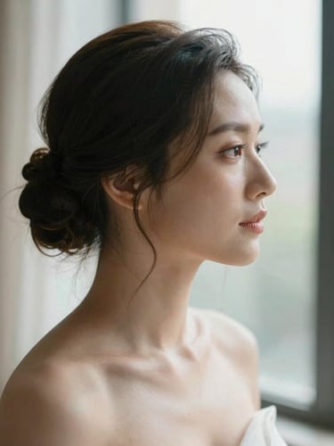Cinematic, soft-focus bridal portrait in diffused natural morning light, close-up profile of a bride with luminous skin texture and elegant hair styling, looking out a tall window, soft neutral tones.