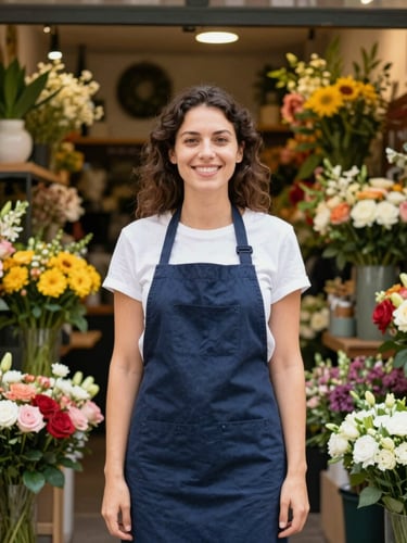 Medium environmental portrait of a smiling female florist in her colorful Madrid shop, surrounded by fresh flowers and warm natural daylight, 35mm lens.