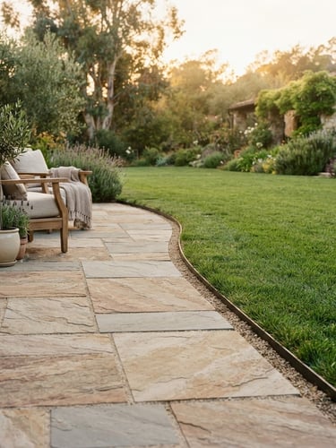 Low-angle wide shot of a completed natural stone patio meeting a lush green lawn, crisp joint lines, soft golden-hour daylight, warm editorial photography, 35mm
