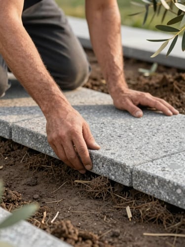 A professional landscape gardener in workwear carefully laying a grey sandstone paving slab onto a prepared mortar bed, close-up on hands and stone texture, natural overcast light.