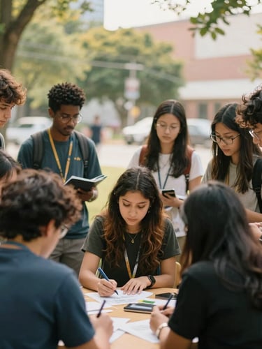 Medium environmental portrait of diverse community members and university students collaborating on a project in a green urban space, natural soft daylight, rich organic tones, candid, 35mm.
