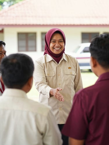 Candid photo of a friendly Indonesian school administrator welcoming parents, bright natural daylight, warm cream and maroon tones, 35mm