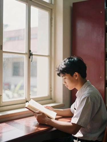 Warm editorial portrait of a clean, sunlit school library in Bandung, a student reading near a window, soft natural daylight, rich maroon and cream tones, 35mm