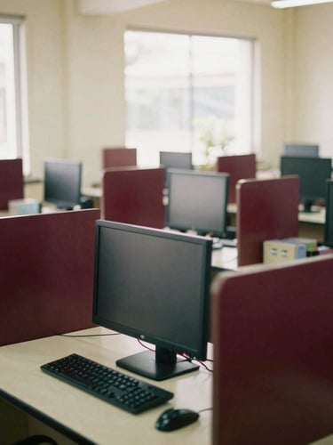 A modern, bright computer laboratory in Bandung school, clean rows of monitors, natural daylight streaming through windows, 35mm