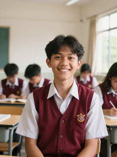 A portrait of a student in Bandung school uniform smiling in a bright, sunlit modern classroom, warm daylight, editorial style, 35mm