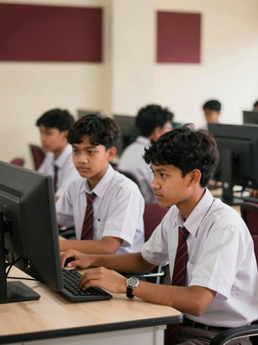 Candid eye-level photo of Indonesian high school students collaborating in a bright, modern computer laboratory, warm natural daylight, rich maroon accents, 35mm photography