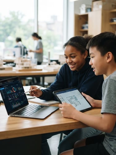 Medium-close shot of two diverse K-12 students collaborating over a tablet and laptop in a bright, modern architectural lab with natural window light, clean dashboard interfaces visible on screens, soft cool tones.