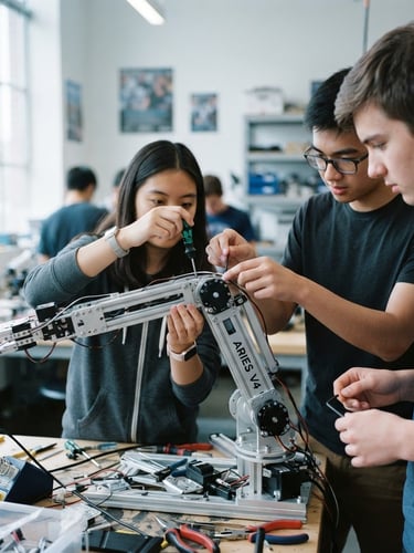 Students in a modern robotics workshop, collaborating intently on a complex robot, bright window light, shallow depth of field, focused on their hands and the robot.