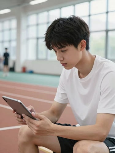 A student athlete reviewing performance data on a tablet after a track practice, bright light, modern athletic facility in the background, focused on the tablet screen and the student's engaged expression.