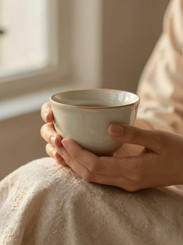 Close-up of elegant female hands holding a warm ceramic cup, soft linen fabric, warm golden hour light, peaceful and intimate atmosphere.