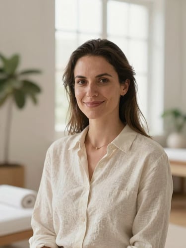 Warm professional portrait of female therapist Carolina Vechio Berger in her 30s, gentle smile, neutral cream linen shirt, soft morning window light, clean minimalist wellness space background with subtle green foliage.