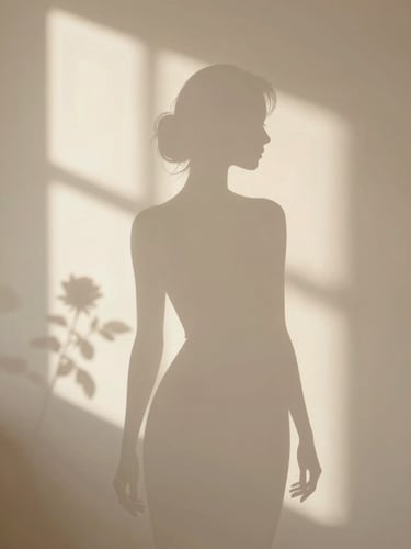 Elegant line art of a female silhouette, soft warm lighting, botanical shadows, old rose and cream tones.
