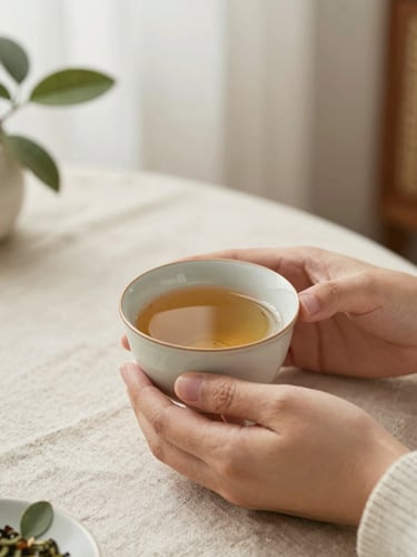 Close-up of hands holding a warm ceramic cup of herbal tea, soft morning light, linen tablecloth, elegant botanical details, muted old rose and sage green atmosphere.