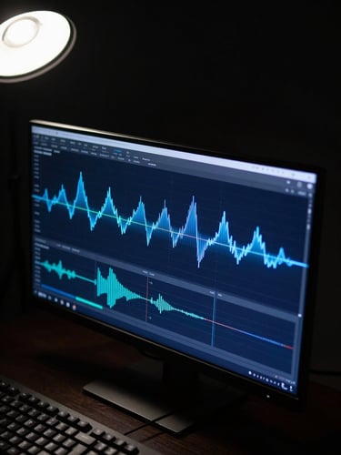 Full-bleed cinematic wide shot, overhead angle looking down at a dark monitor displaying color-graded motion graphics — electric blue waveforms and cyan data streams on deep navy canvas, a single keyboard edge visible at bottom-left, hard studio strobe light raking from upper-left casting sharp contrast, deep blacks dominating three-quarters of the frame, controlled highlight on the screen surface only