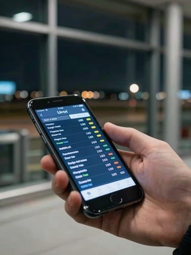 Close-up of a hand holding a smartphone screen showing a flight status alert at night, airport gate window visible in the blurred background with runway lights outside, cool fluorescent ambient light, tight documentary framing