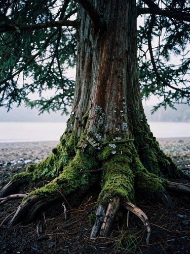 Close-up of damp shoreline soil and moss-covered roots of a mature cedar tree, soft overcast daylight, moody documentary style, 35mm film