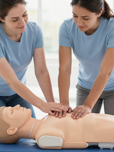 Medium eye-level shot of an instructor guiding a mother's hands on a CPR training mannequin, bright natural light, warm supportive environment.