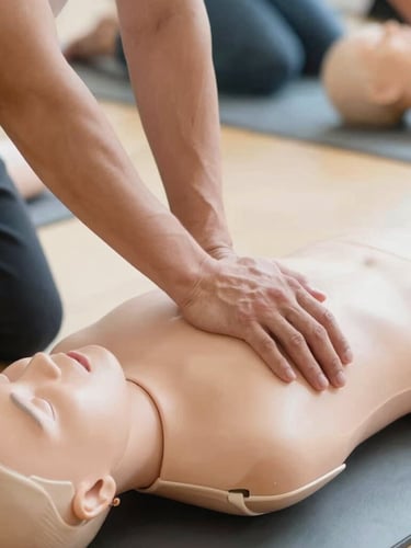 Close-up of hands demonstrating chest compressions on a training manikin during a brightly lit community workshop, warm realistic tones, sharp focus, 35mm lens.