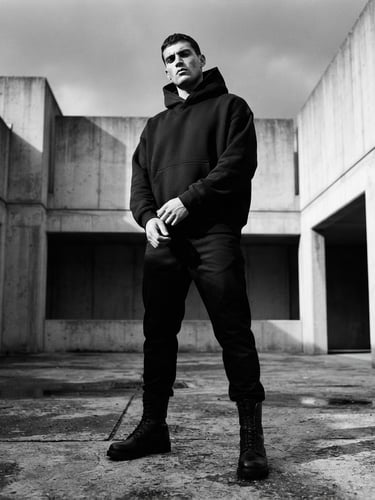 Low-angle heroic shot of a model wearing a structured black heavyweight hoodie in a minimalist concrete courtyard, dramatic side lighting, desaturated monochromatic tones.