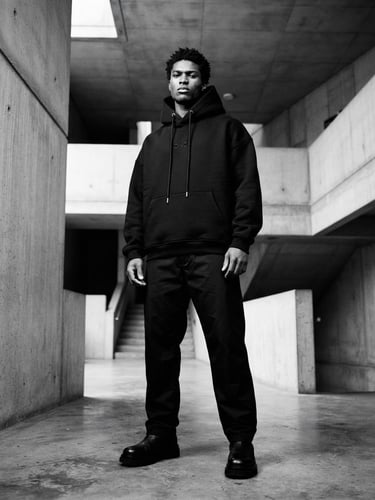 Low-angle heroic full-body shot, editorial fashion photography, high-contrast studio lighting, desaturated monochromatic tones, a model wearing a heavy structured black ONOF hoodie in a minimalist concrete architectural setting, sharp focus, medium format film.