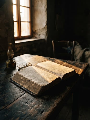 Dramatic documentary photo of an open Bible on a rustic wooden table inside a dimly lit room, warm golden-hour light streaming through a high window, casting deep shadows.