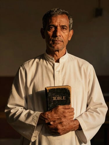 Dramatic documentary portrait of a pastor holding a worn Bible under warm golden-hour light, deep shadows, authentic and reverent, 35mm lens