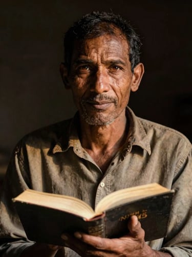 Intimate eye-level documentary portrait of a restored man holding an open Bible, warm natural golden light illuminating his face, deep shadow background, raw and hopeful, 35mm lens.