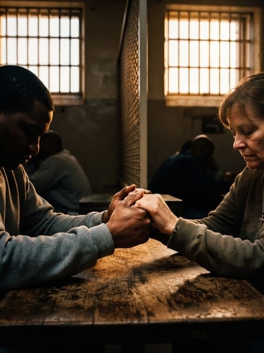Dramatic documentary photography of a prison visitation room, warm golden-hour light streaming through high barred windows, hands clasped together in prayer across a worn wooden table, deep shadows, raw and emotional, 35mm lens.