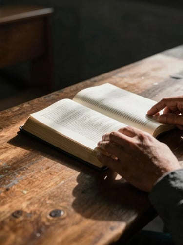 Close-up of hands holding an open Bible on a worn wooden table inside a prison chapel, dramatic high-contrast natural light casting long shadows, warm amber tones, raw emotional documentary style, 35mm lens.
