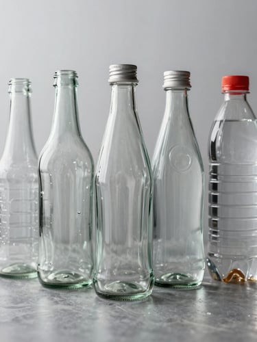 Plano medio de envases de vidrio y botellas de plástico PET alineados sobre una superficie metálica limpia, iluminación de estudio brillante y neutra, fondo gris claro