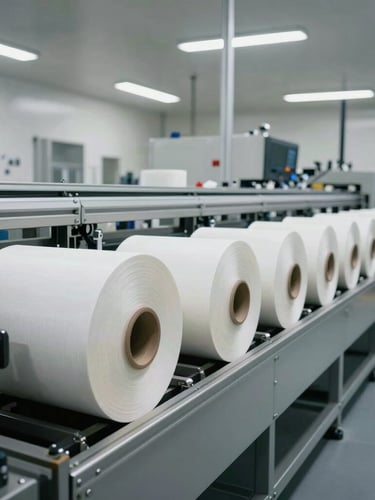 Wide-angle industrial photograph of a clean, modern packaging manufacturing facility, rolls of raw materials aligned on precision machinery, neutral bright lighting, technical framing.