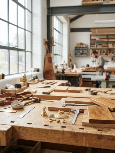 Bright editorial photography of a modern wood and metal workshop, natural daylight streaming through large windows, clean workbench with brass and oak samples, shallow depth of field