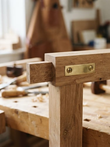 Close-up of raw timber joints and polished brass details on a clean workshop table, bright natural daylight, shallow depth of field