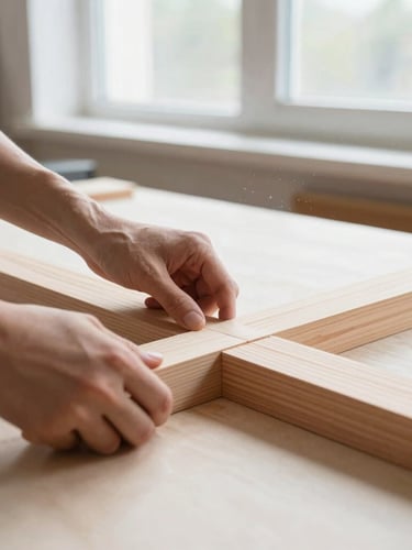 Hands of a fabricator carefully aligning a timber joint on a bright, clean workbench, natural window light, dust particles visible