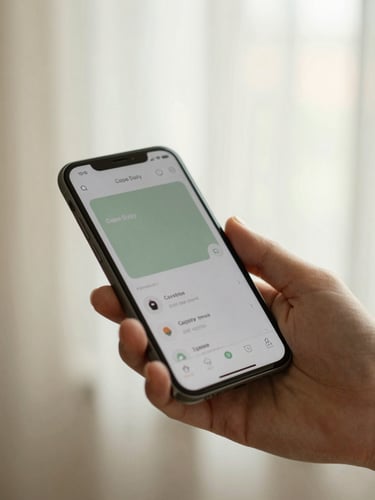 Close-up of a hand gently holding a smartphone displaying the Cope Daily app interface, soft diffused window light, muted sage and warm beige tones, shallow depth of field, focus on the app screen