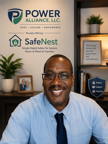 Smiling Power Alliance consultant promoting SafeNest digital safety and security for seniors.