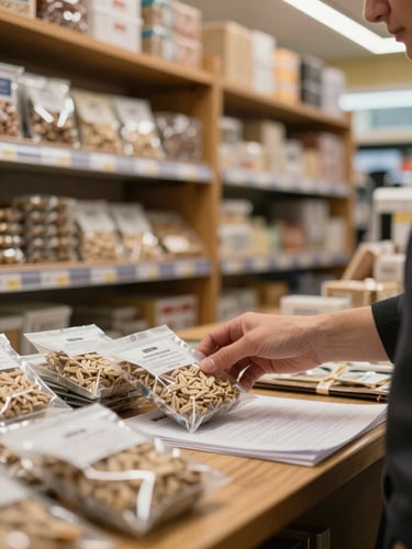 Close-up of a shopkeeper's hands at a retail counter arranging labelled packaged goods under warm fluorescent shop lighting, wooden shelves stacked with inventory visible in the background, business-documentation style, no faces