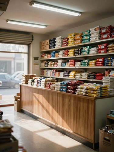 Close environmental wide shot of a kirana shop interior at opening time — shelves stacked with packaged goods in the background, wooden counter in the foreground, early morning window light cutting across the floor from left, no customers or posed staff, realistic retail fluorescents overhead supplementing the daylight, photographed as business documentation not advertising