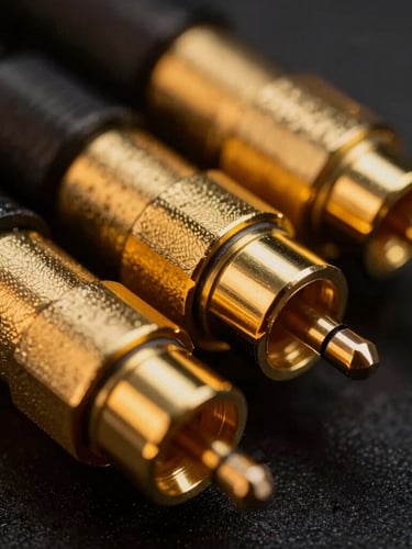 Macro close-up of heavy-duty gold-plated audio connectors under low-key amber rim lighting, showcasing metallic textures and precise industrial design.